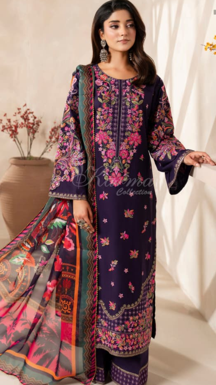 Women’s 3-Piece Printed Lawn Suit – Elegant Floral Embroidered Style with Printed Dupatta & Trouser