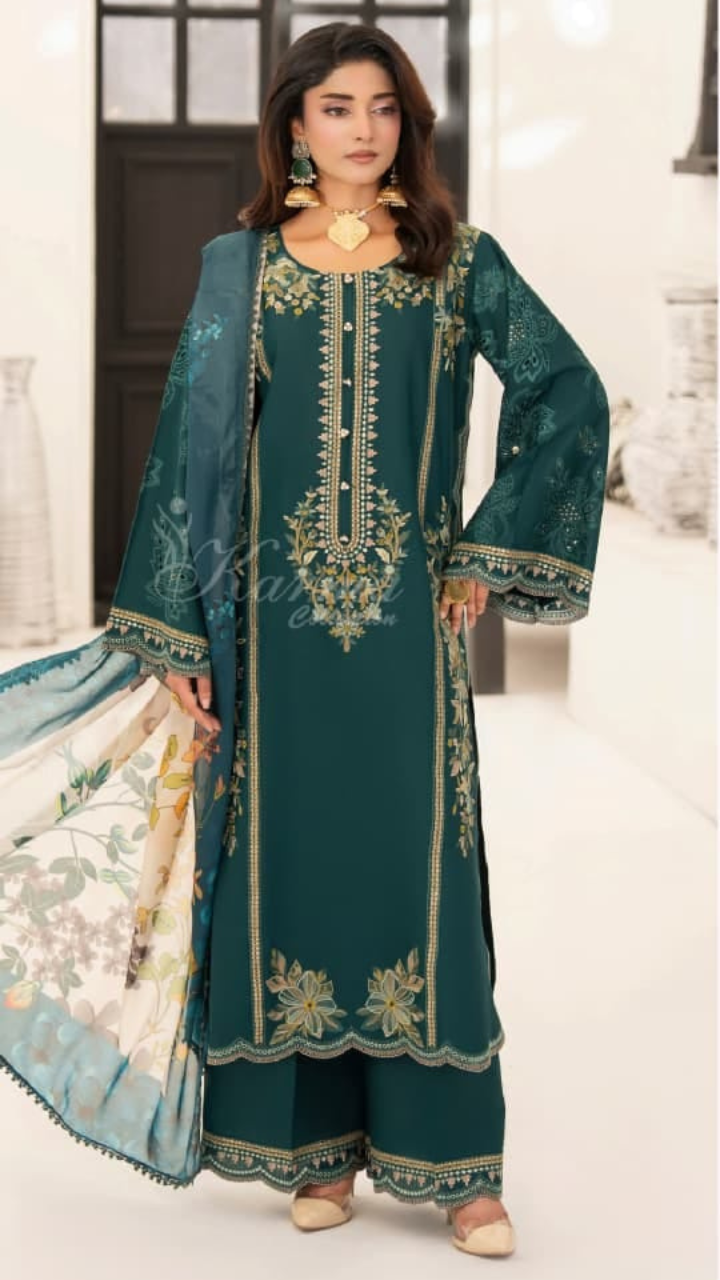 Women’s Teal Green Embroidered 3-Piece Suit | Elegant Printed Lawn Outfit with Embroidered Shirt, Trouser & Dupatta