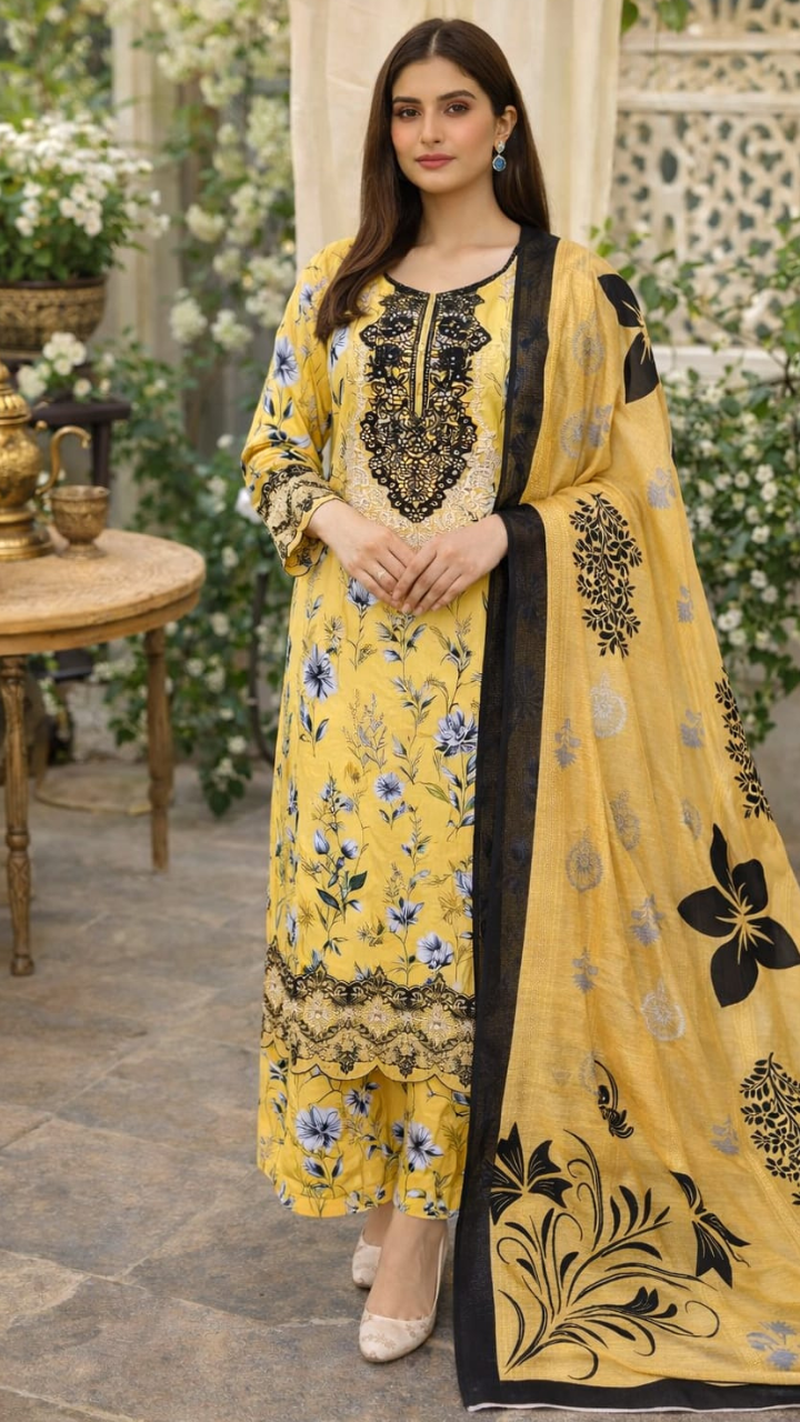 Mustard Yellow Floral Printed Lawn Suit with Black Embroidery & Dupatta | 3-Piece Outfit