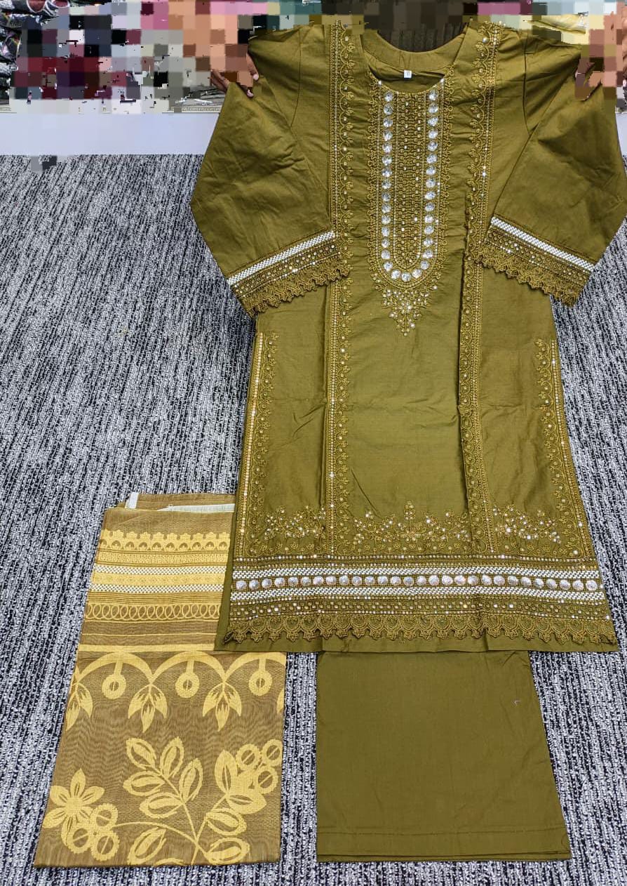 Olive Green Mirror Embroidered 3-Piece Festive Suit