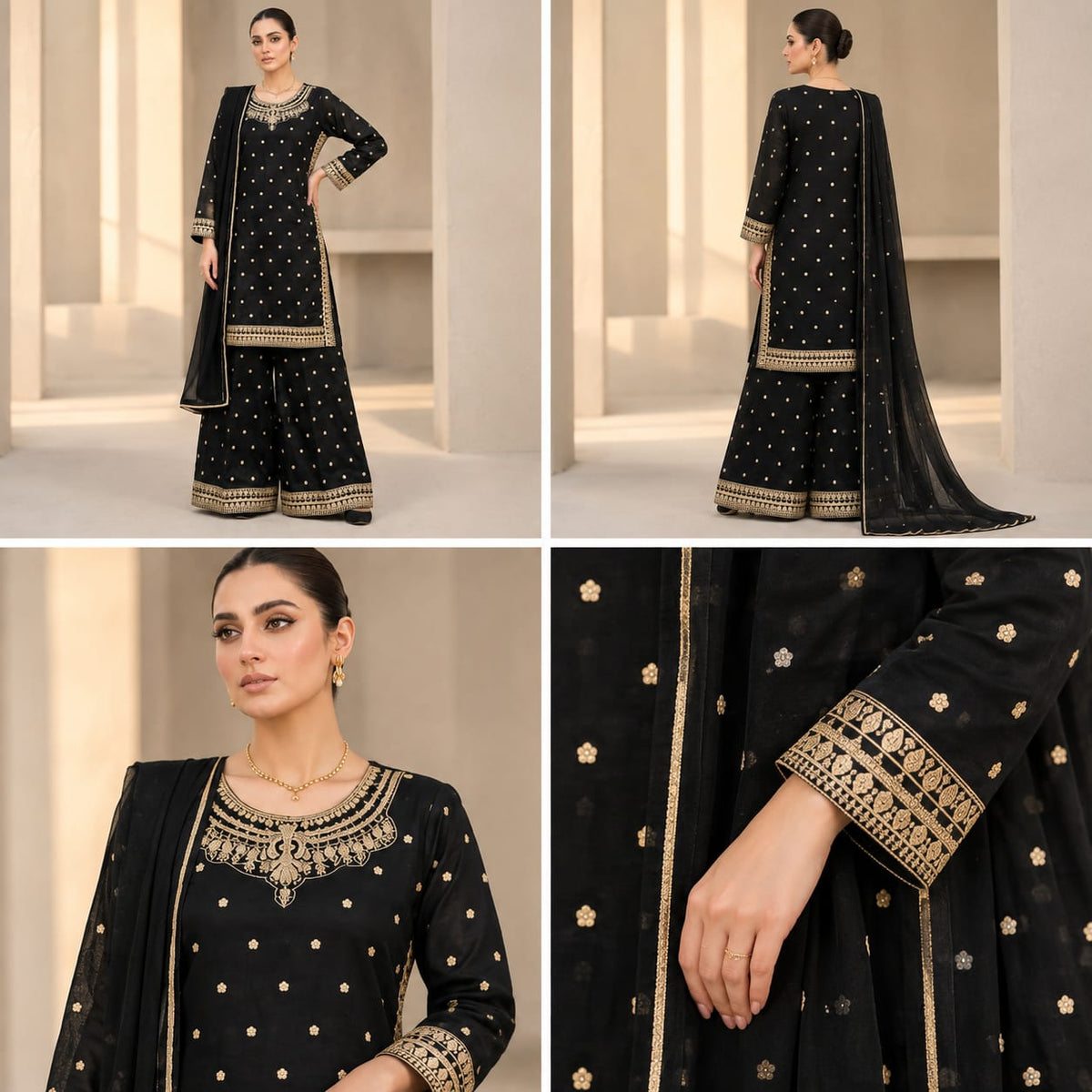 Midnight Black Gold Embroidered Sharara 3-Piece Festive Suit