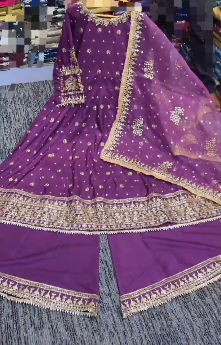 Royal Purple Gold Embroidered Anarkali Suit with Net Dupatta