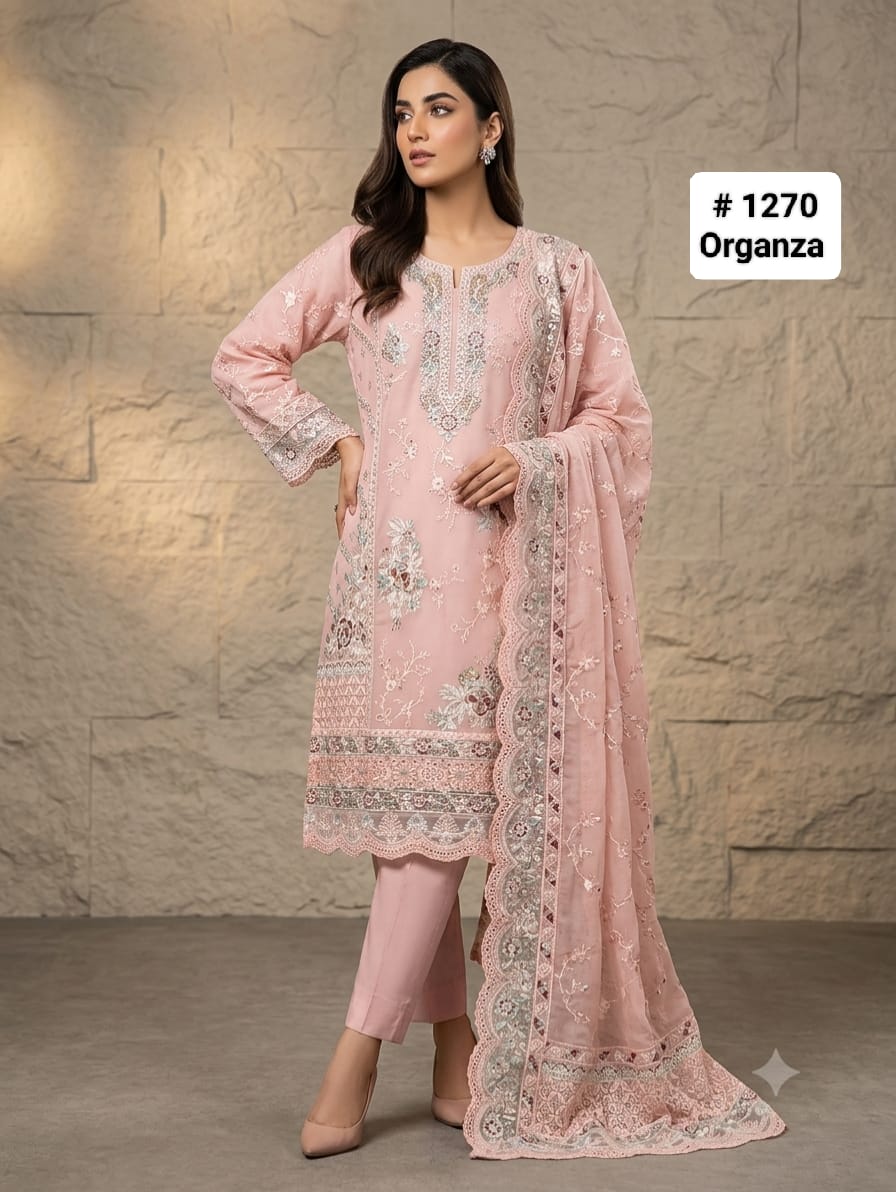 Blush Pink Embroidered Organza 3-Piece Formal Suit
