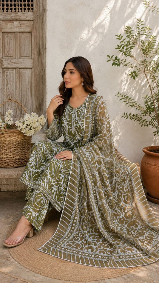 Women’s Olive Green Printed Cotton Kurta Set with Printed Dupatta & Matching Trousers