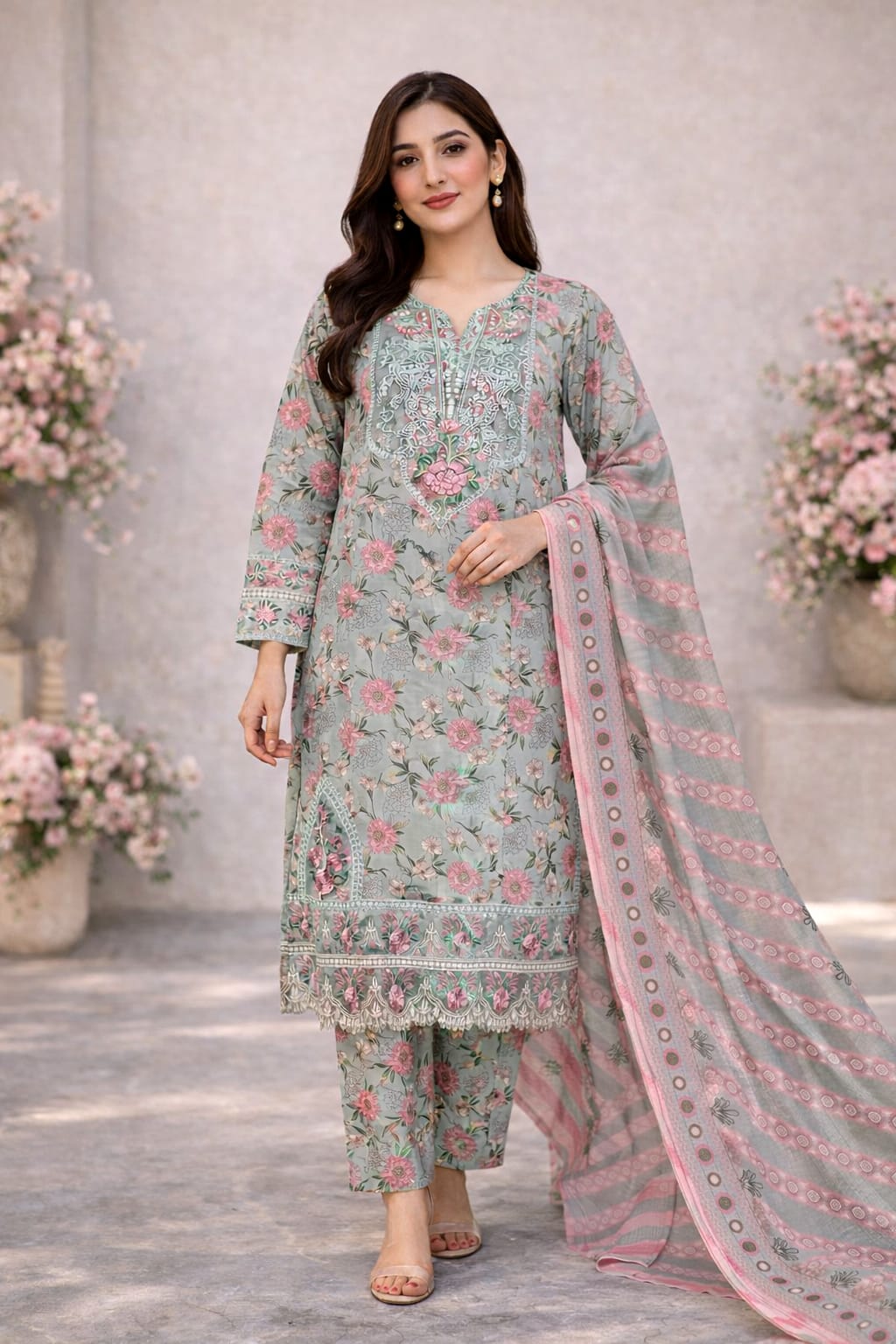 Dusty Grey & Blush Pink Floral Printed Lawn 3-Piece Suit with Embroidered Yoke Women’s Grey Floral Printed Cotton Suit with Embroidered Neckline & Pink Dupatta