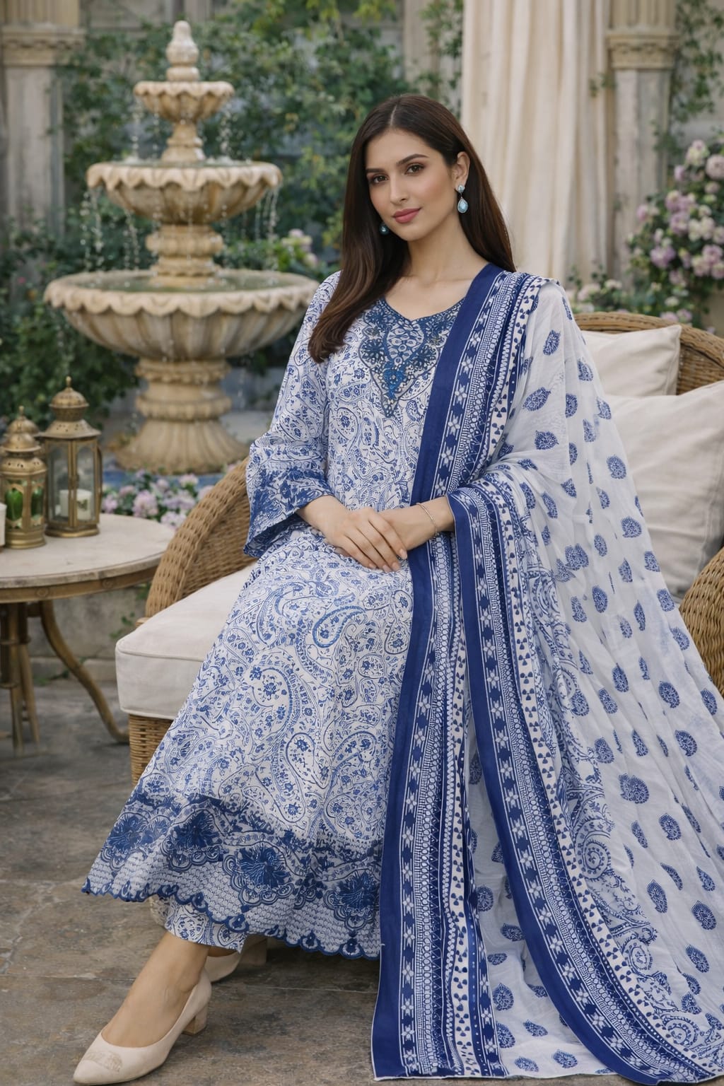 Elegant Blue Floral Paisley Lawn Dress - 3-Piece Summer Collection Outfit