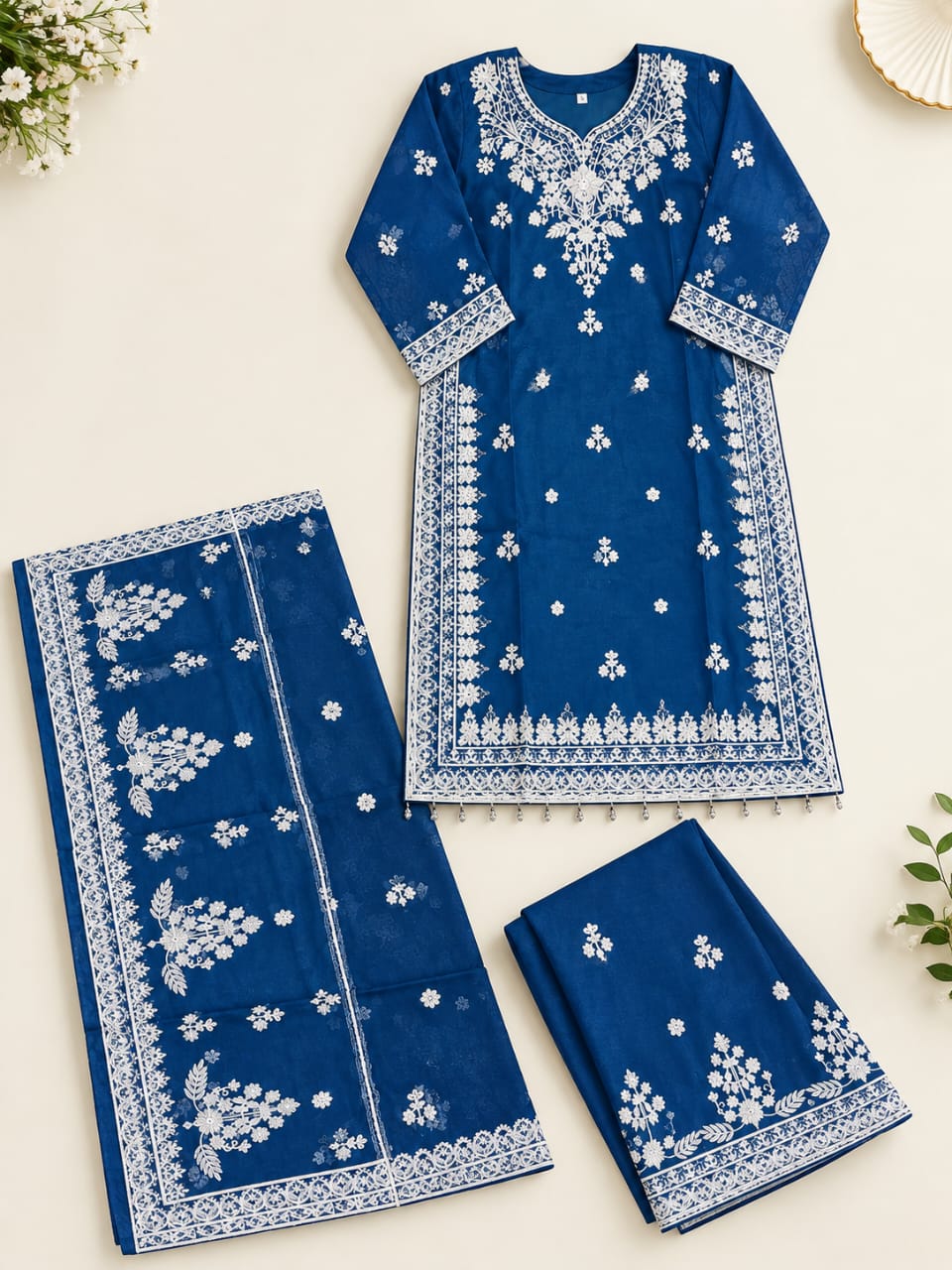 Teal Blue White Embroidered Organza 3-Piece Festive Suit