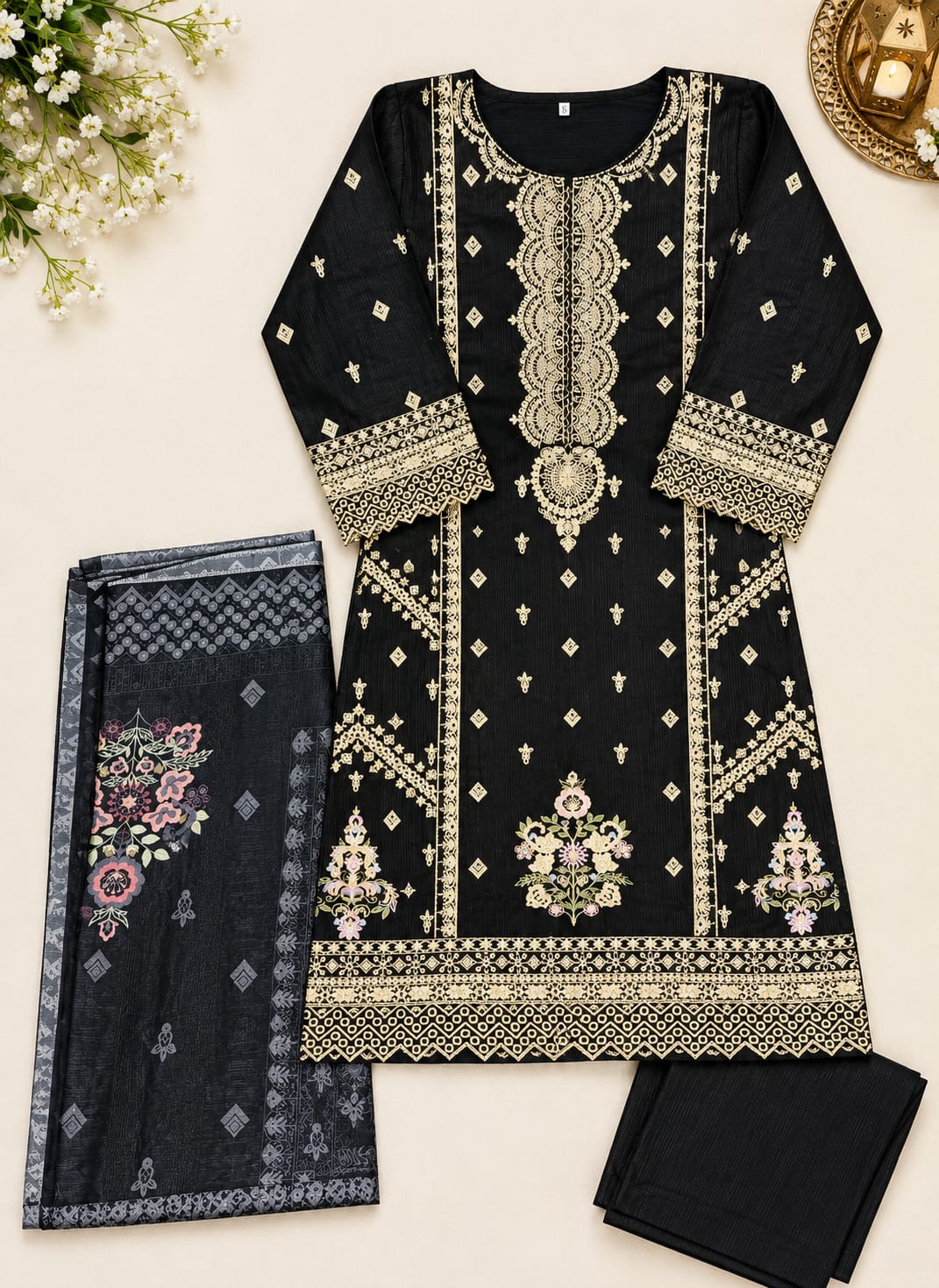 Onyx Black Gold Embroidered Lawn 3-Piece Suit with Printed Shawl