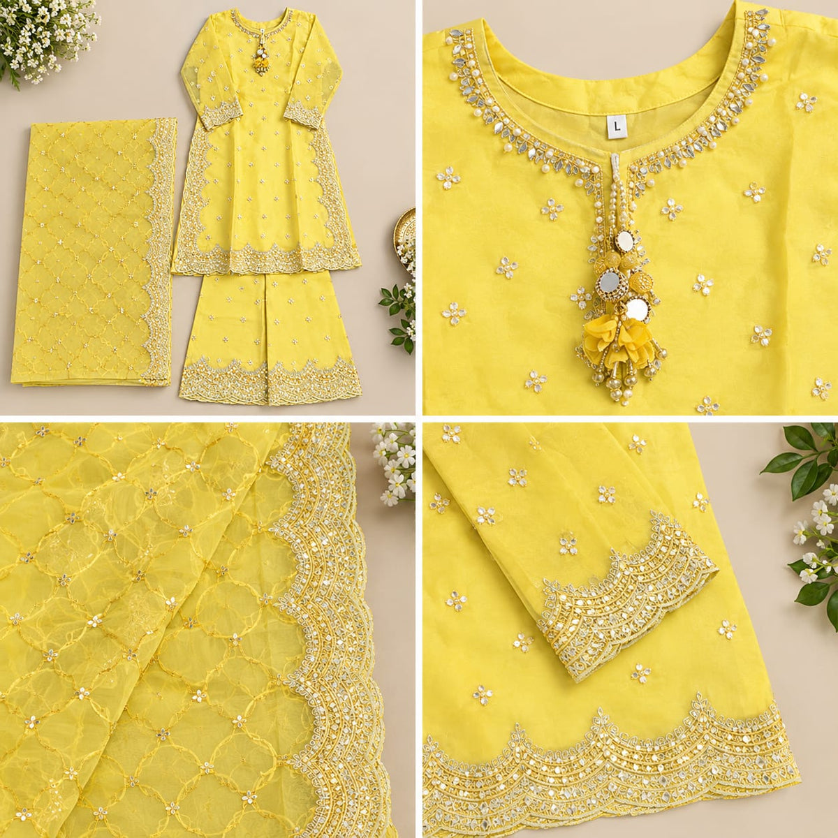 Sunshine Yellow Embroidered Organza 3-Piece Festive Suit