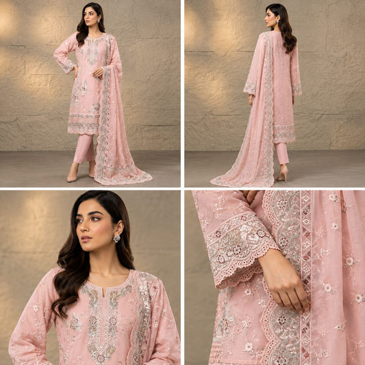 Blush Pink Embroidered Organza 3-Piece Formal Suit
