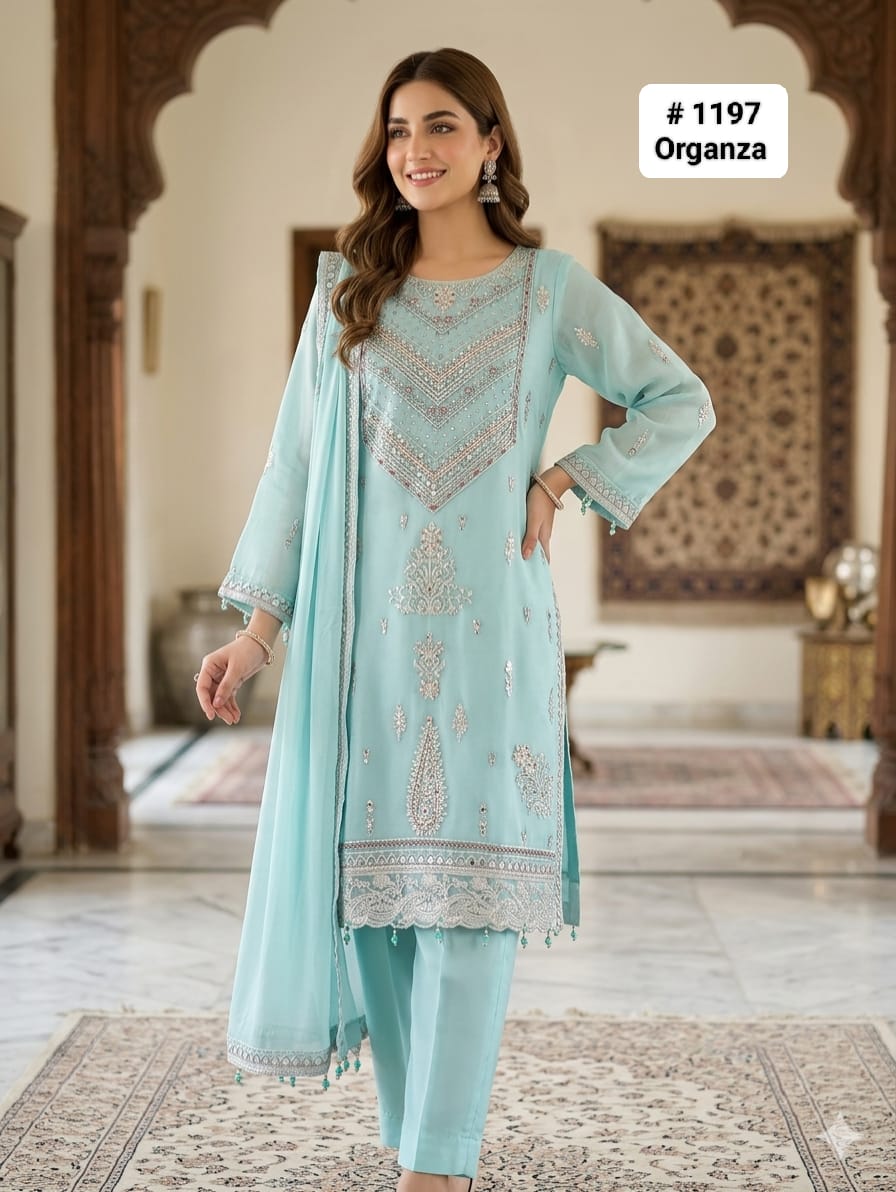 Ice Blue Embroidered Chiffon 3-Piece Formal Suit