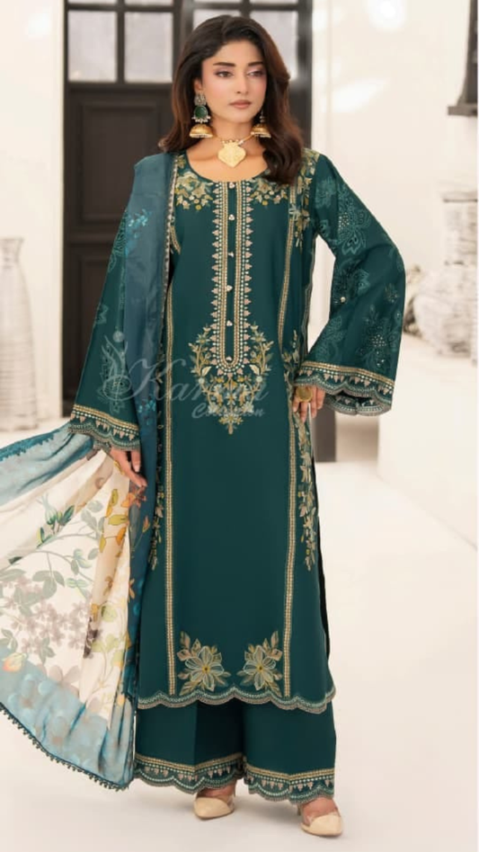 Women’s Teal Green Embroidered 3-Piece Suit | Elegant Printed Lawn Outfit with Embroidered Shirt, Trouser & Dupatta