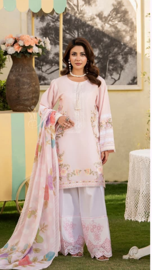 Blush Pink Floral Embroidered Lawn Suit with Printed Dupatta & Cutwork Trouser