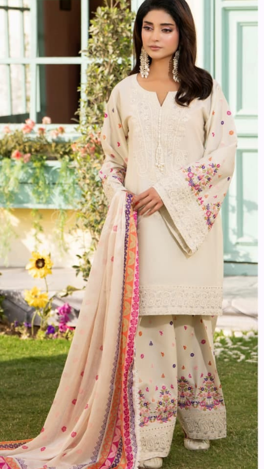 Elegant Cream Embroidered 3-Piece Suit for Women – Floral Printed Palazzo & Designer Dupatta