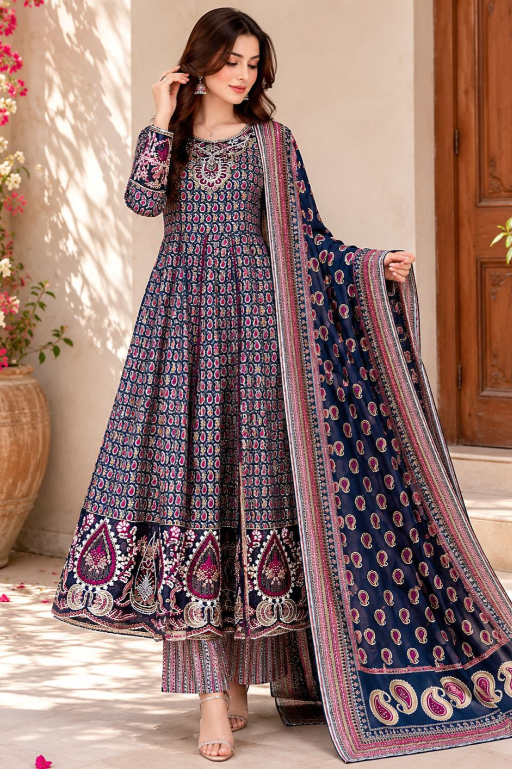 Navy Blue Printed Anarkali Frock Set with Matching Dupatta & Trousers | Festive Ethnic Wear
