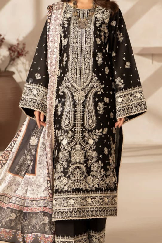 Elegant Black Embroidered 3-Piece Lawn Suit with Printed Dupatta  Alternative: Premium Black & Cream Embroidered Ethnic Suit Set – Women’s Designer Wear
