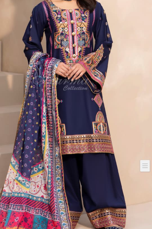 Royal Navy Blue Embroidered 3-Piece Festive Suit with Multi-Color Dupatta