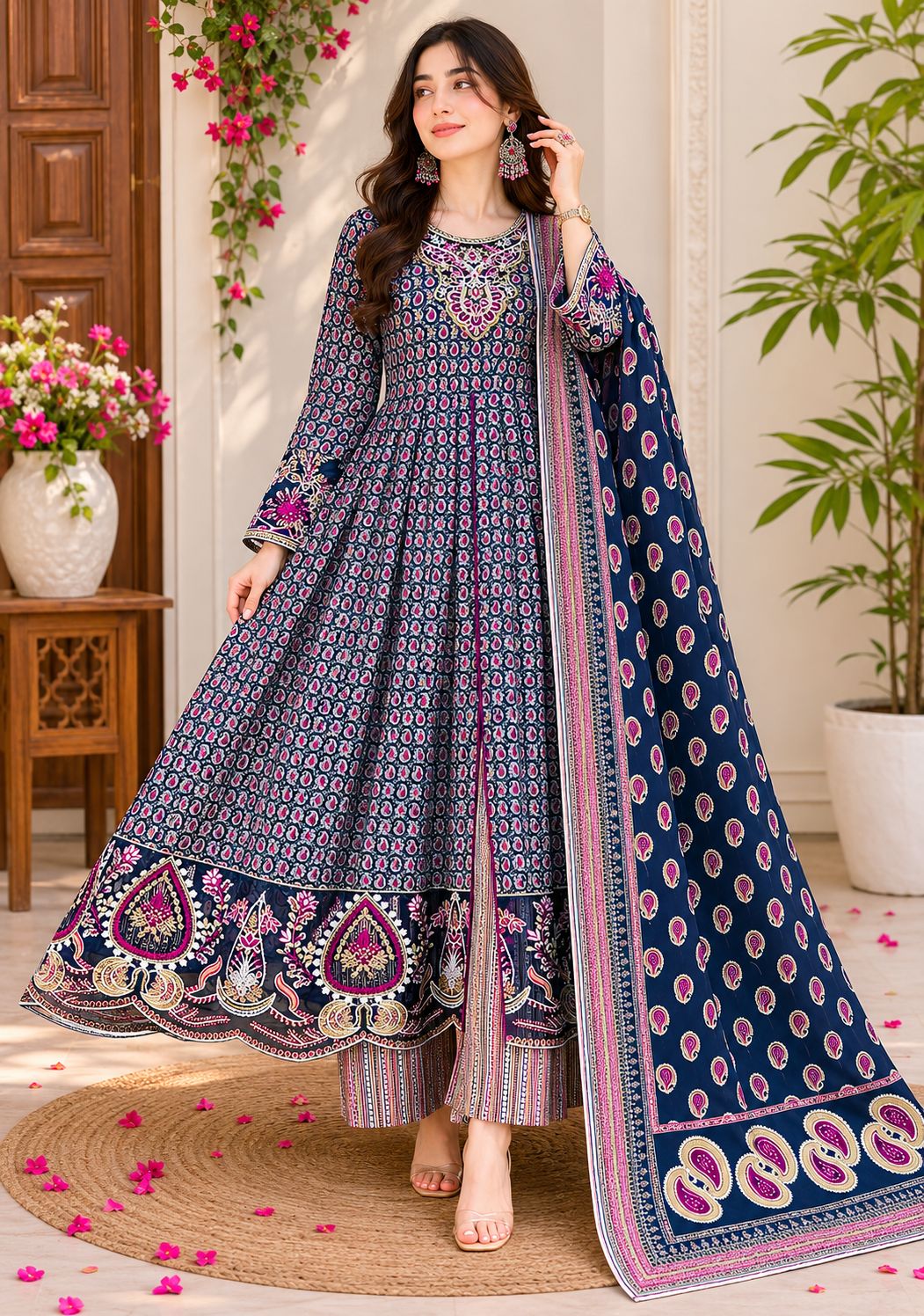 Navy Blue Printed Anarkali Frock Set with Matching Dupatta & Trousers | Festive Ethnic Wear