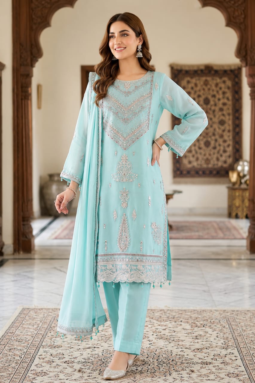 Ice Blue Embroidered Chiffon 3-Piece Formal Suit