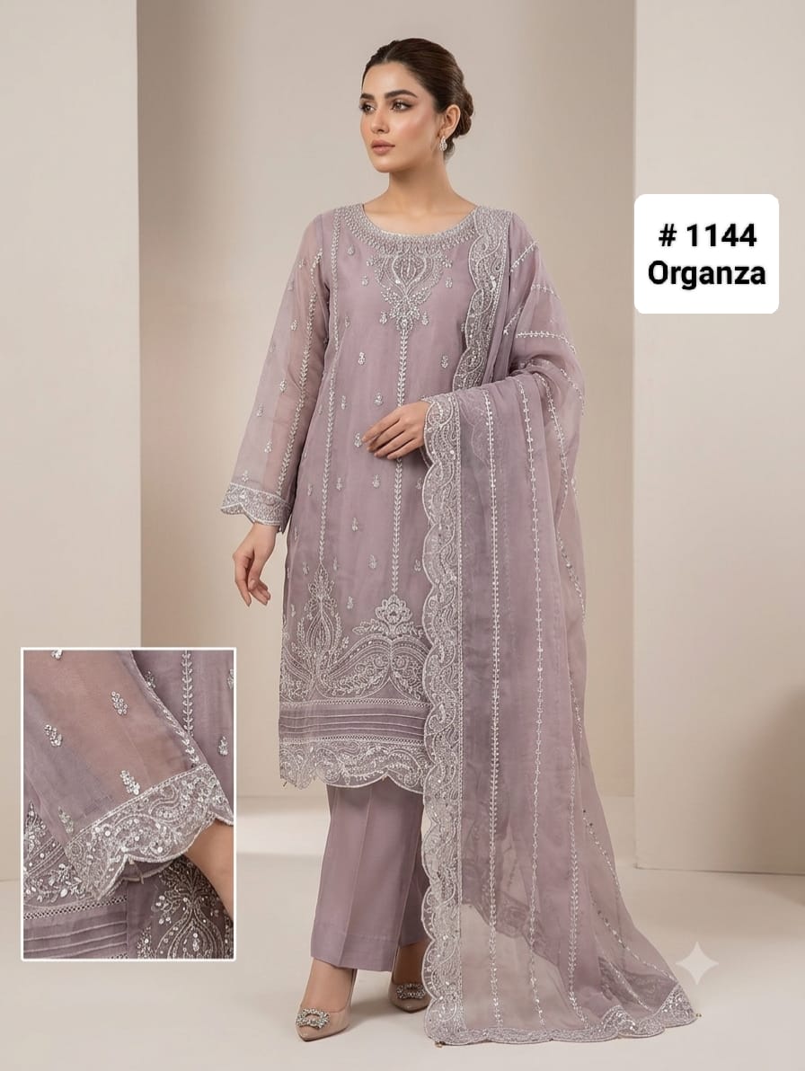Dusty Lilac Embroidered Organza 3-Piece Festive Suit