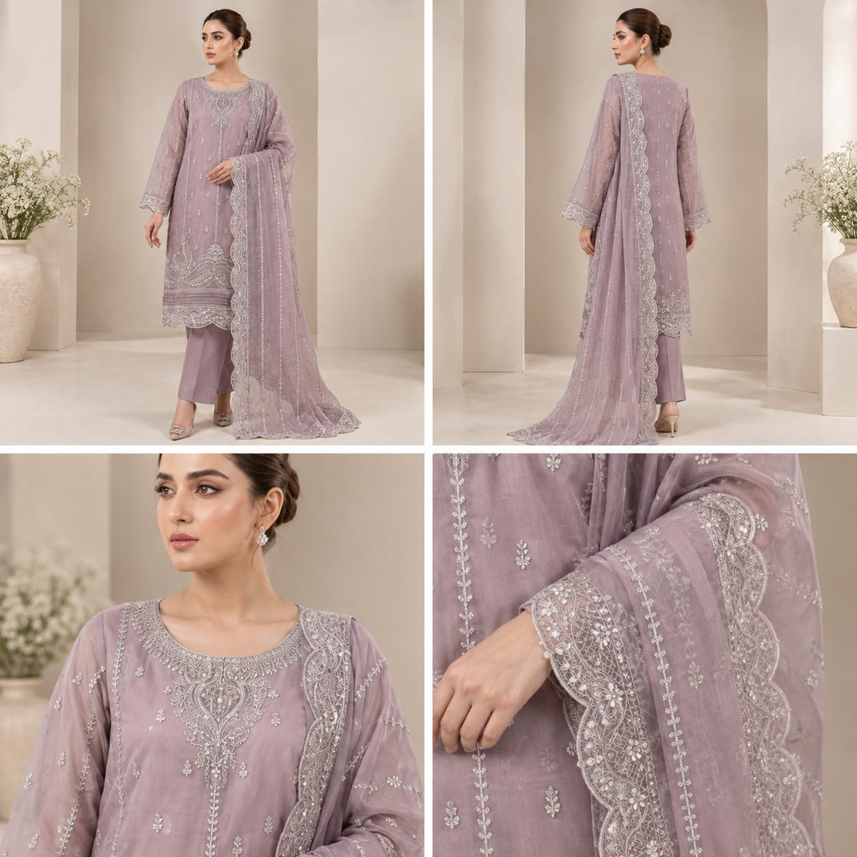 Dusty Lilac Embroidered Organza 3-Piece Festive Suit