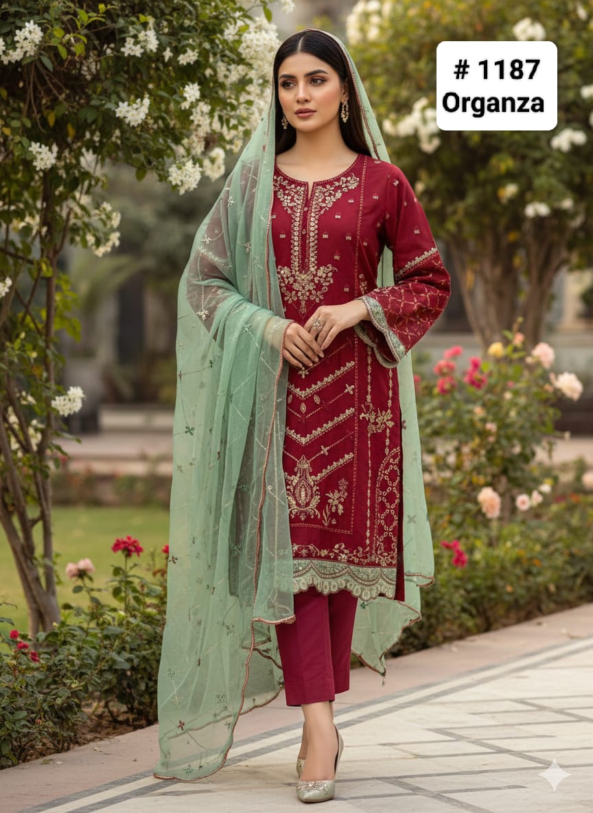 Deep Maroon & Sage Green Embroidered Organza 3-Piece Formal Suit