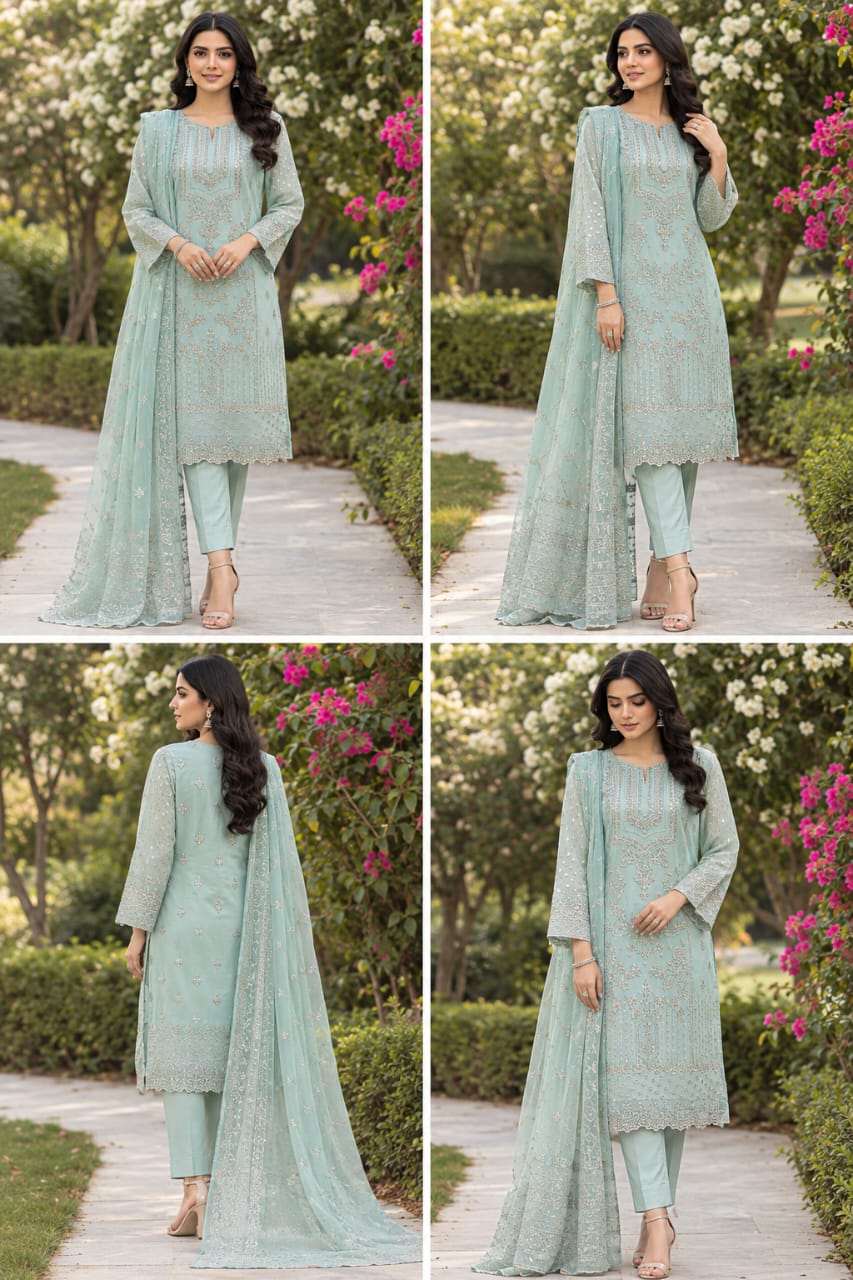 Mint Green Embroidered Organza 3-Piece Formal Suit