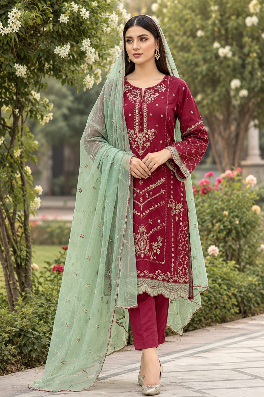 Deep Maroon & Sage Green Embroidered Organza 3-Piece Formal Suit