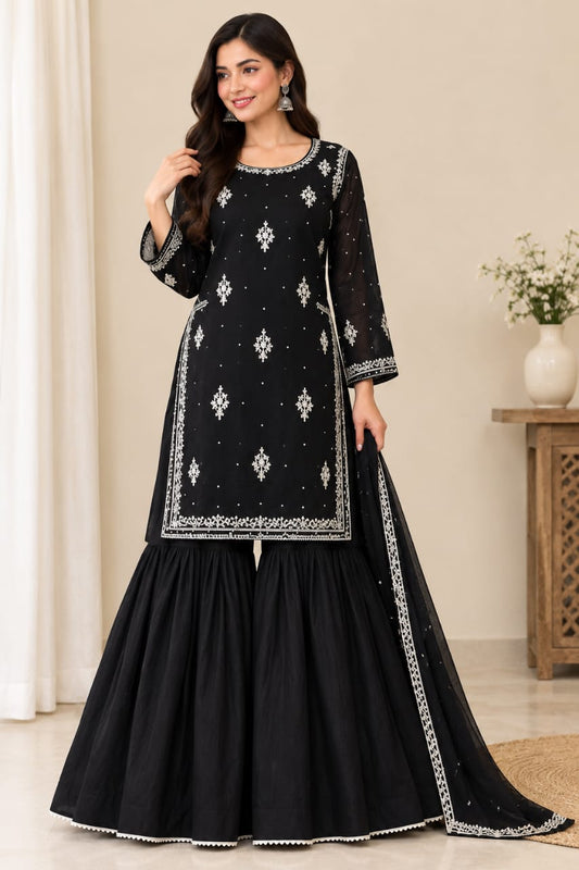Black Embroidered Gharara 3 Piece Suit for Women – Elegant Kurta with Matching Gharara & Dupatta