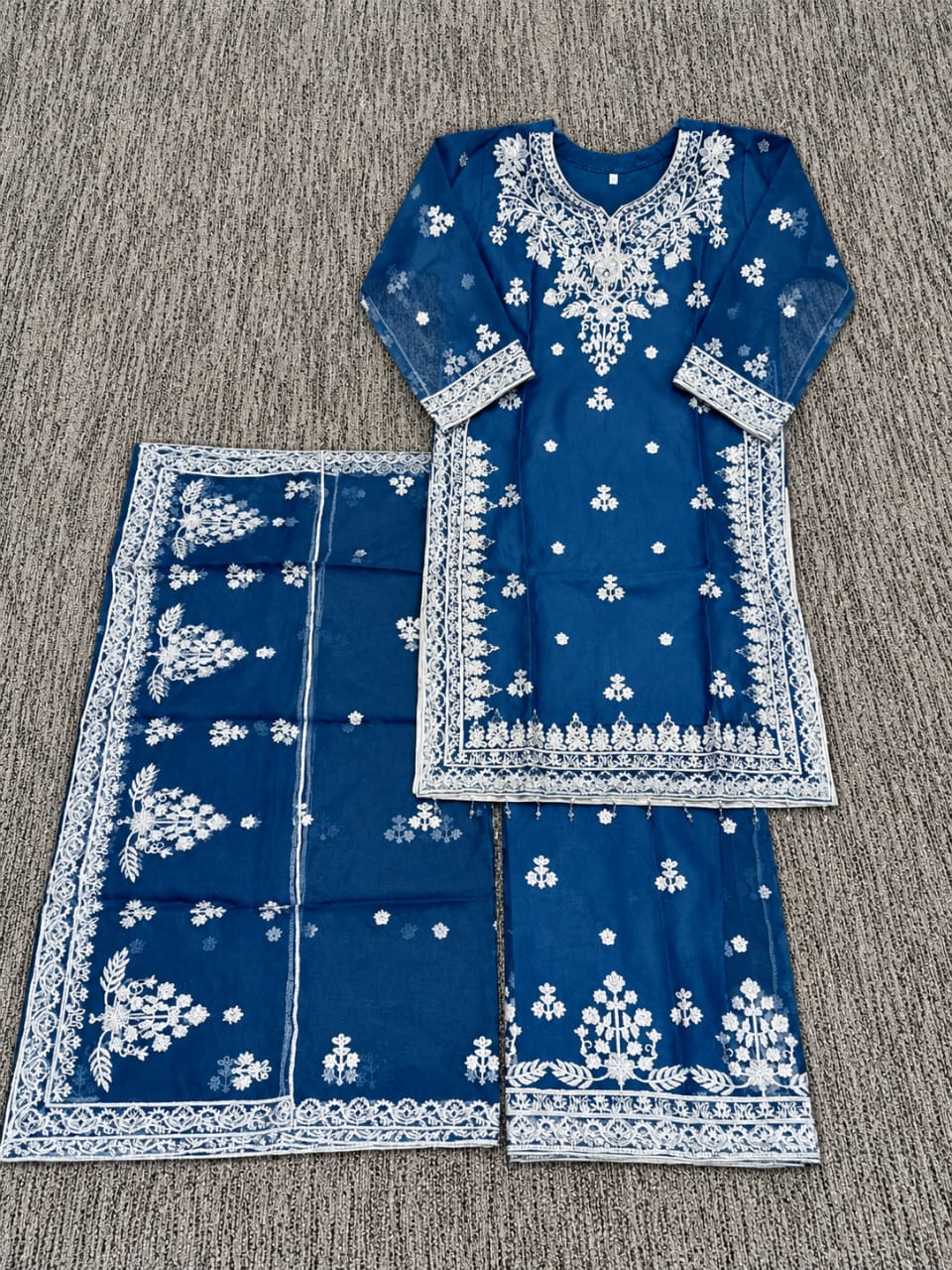 Teal Blue White Embroidered Organza 3-Piece Festive Suit