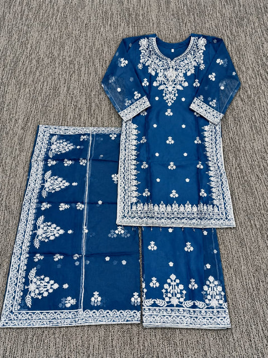 Teal Blue White Embroidered Organza 3-Piece Festive Suit