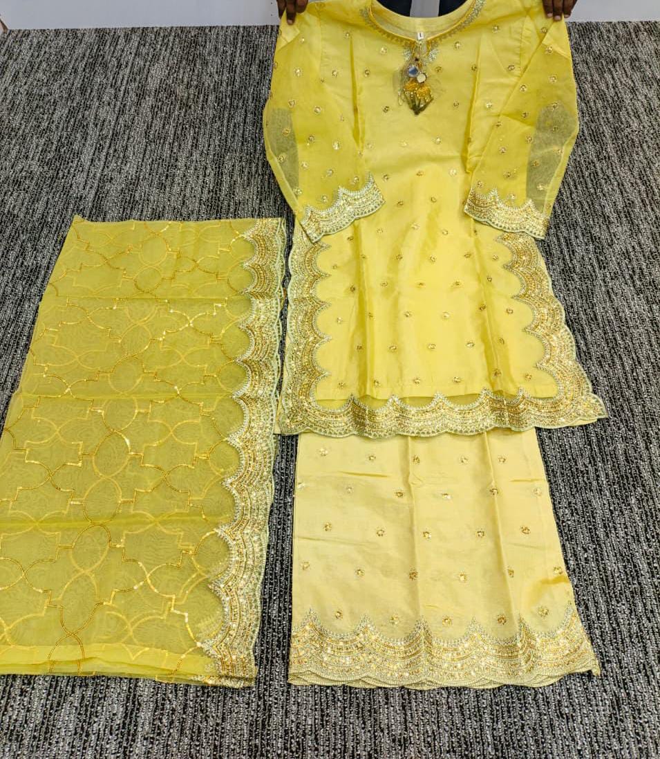 Sunshine Yellow Embroidered Organza 3-Piece Festive Suit