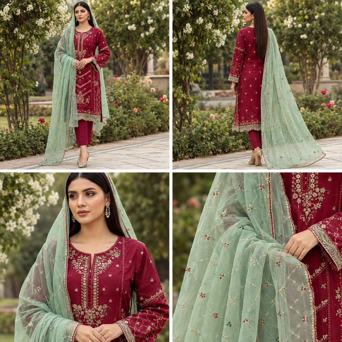 Deep Maroon & Sage Green Embroidered Organza 3-Piece Formal Suit