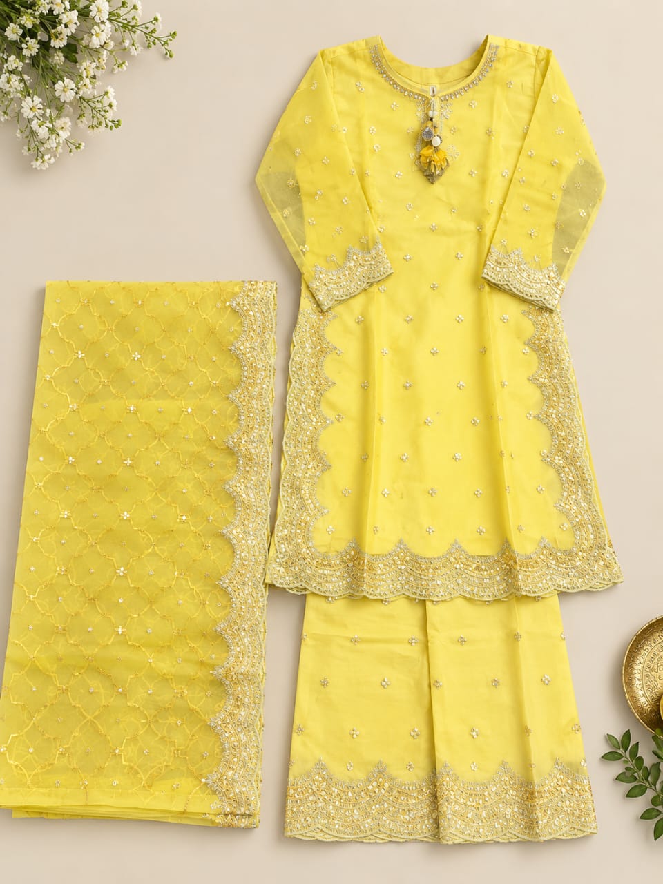 Sunshine Yellow Embroidered Organza 3-Piece Festive Suit