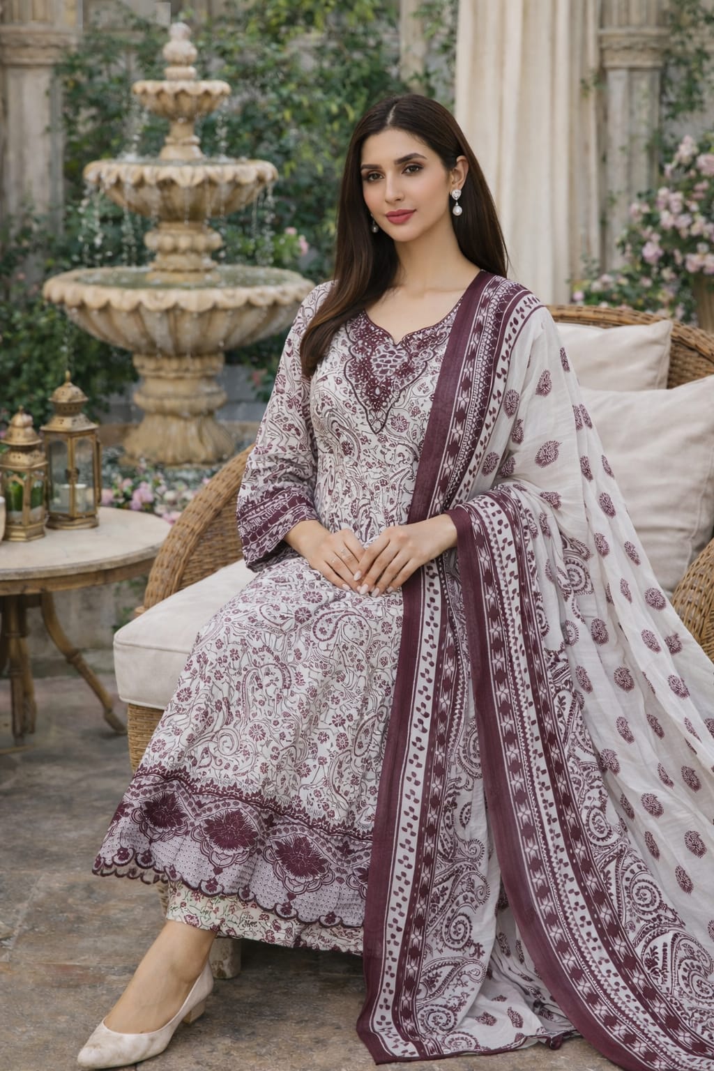 Elegant Maroon & Ivory Printed 3 Piece Lawn Suit for Women – Premium Summer Collection with Matching Dupatta