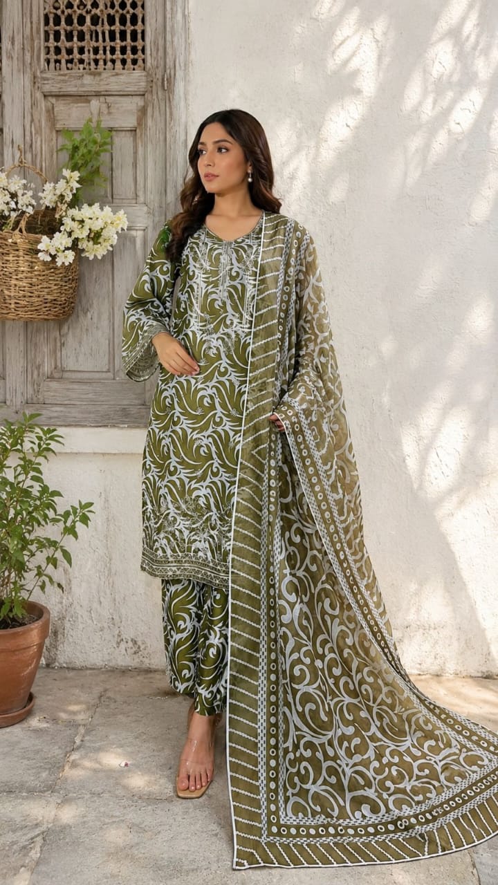 Women’s Olive Green Printed Cotton Kurta Set with Printed Dupatta & Matching Trousers