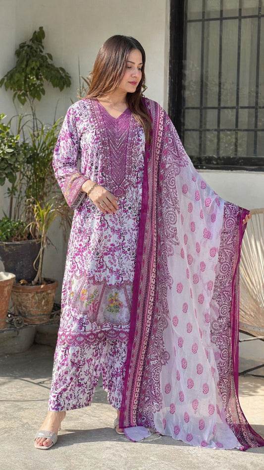 Women’s Purple Floral Printed Cotton Kurta Set with Chiffon/Lawn Dupatta