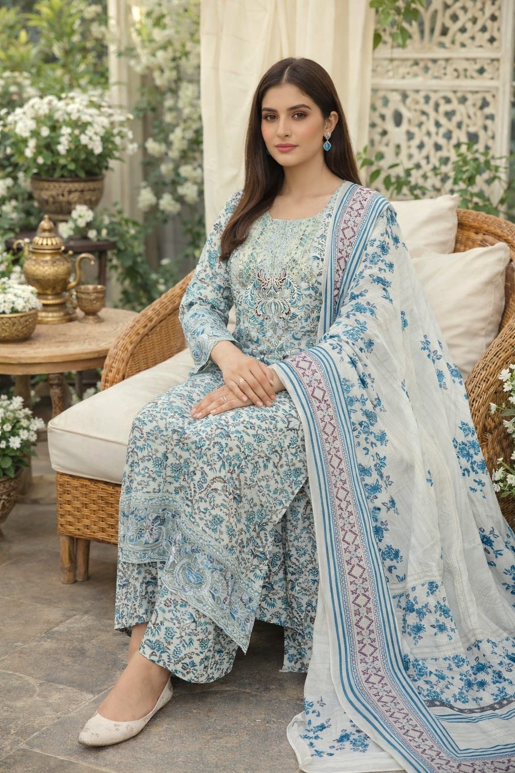 Sky Blue Floral Printed Lawn 3-Piece Suit with Embroidered Neckline  Women’s Powder Blue & White Floral Cotton Lawn Dress with Bordered Dupatta