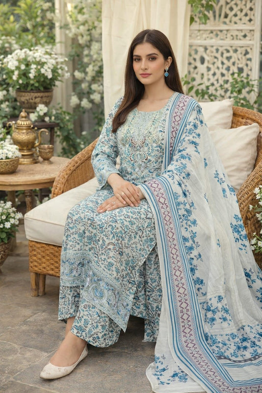 Sky Blue Floral Printed Lawn 3-Piece Suit with Embroidered Neckline  Women’s Powder Blue & White Floral Cotton Lawn Dress with Bordered Dupatta