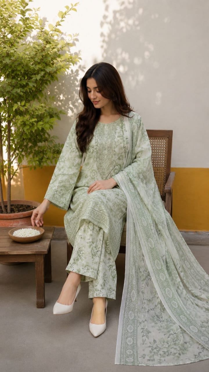 Women’s Pastel Green Floral Printed Cotton Suit with Light Dupatta