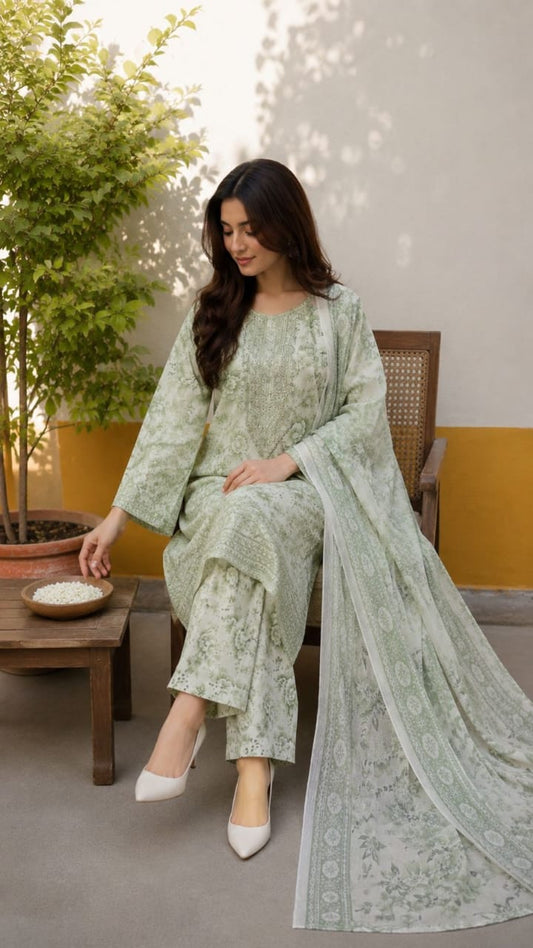 Women’s Pastel Green Floral Printed Cotton Suit with Light Dupatta