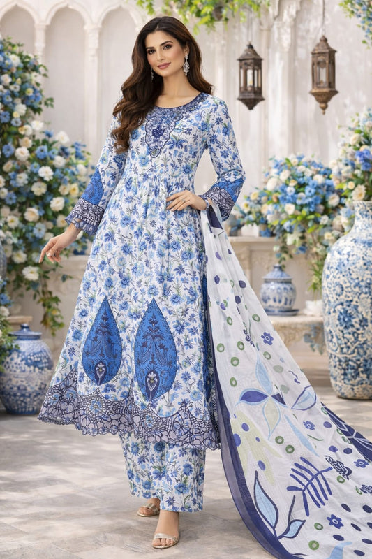 Elegant Blue & White Floral Printed 3 Piece Lawn Suit for Women – Premium Summer Dress with Matching Dupatta