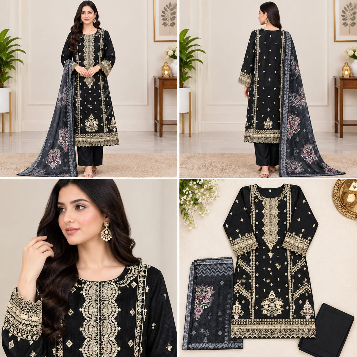 Onyx Black Gold Embroidered Lawn 3-Piece Suit with Printed Shawl