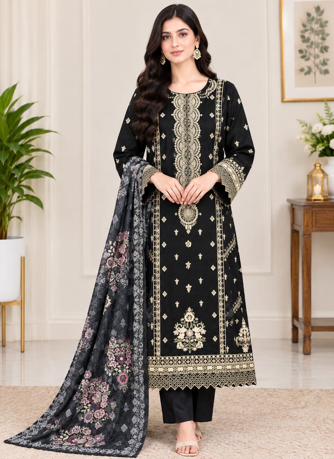 Onyx Black Gold Embroidered Lawn 3-Piece Suit with Printed Shawl
