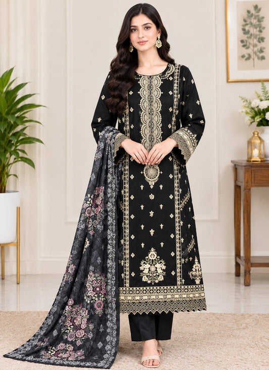 Onyx Black Gold Embroidered Lawn 3-Piece Suit with Printed Shawl
