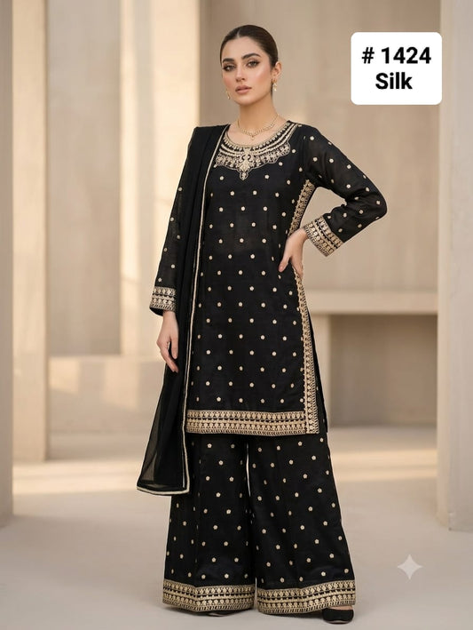 Midnight Black Gold Embroidered Sharara 3-Piece Festive Suit