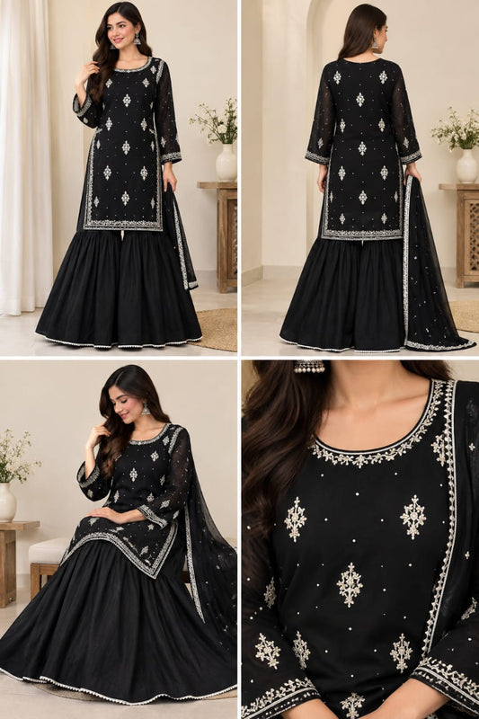 Black Embroidered Gharara 3 Piece Suit for Women – Elegant Kurta with Matching Gharara & Dupatta