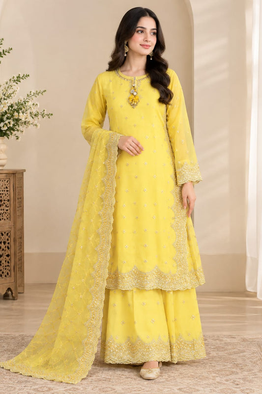 Sunshine Yellow Embroidered Organza 3-Piece Festive Suit