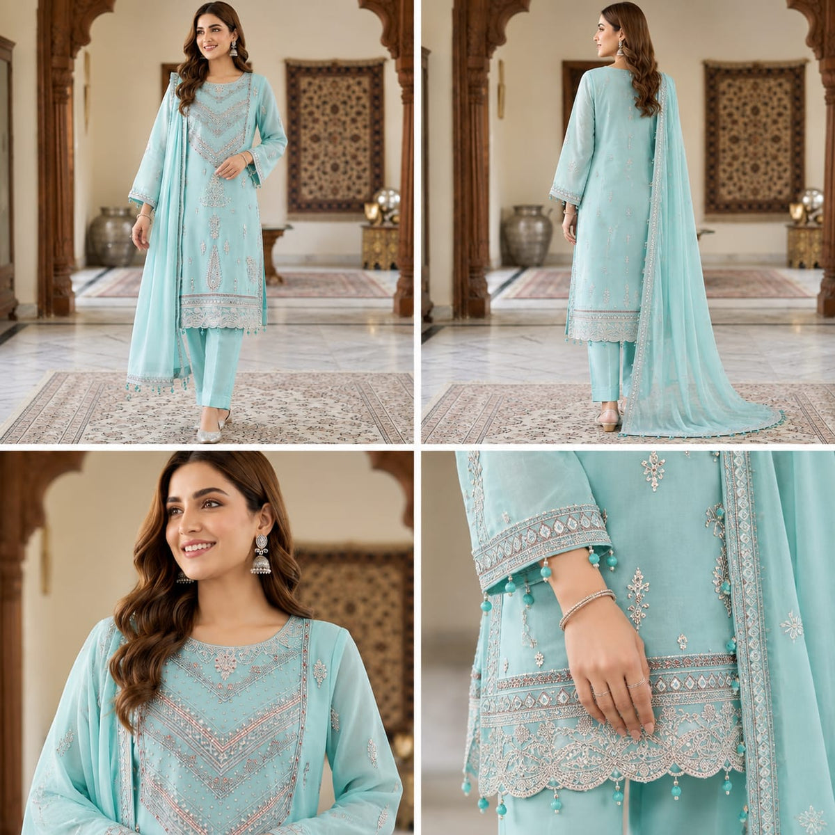 Ice Blue Embroidered Chiffon 3-Piece Formal Suit