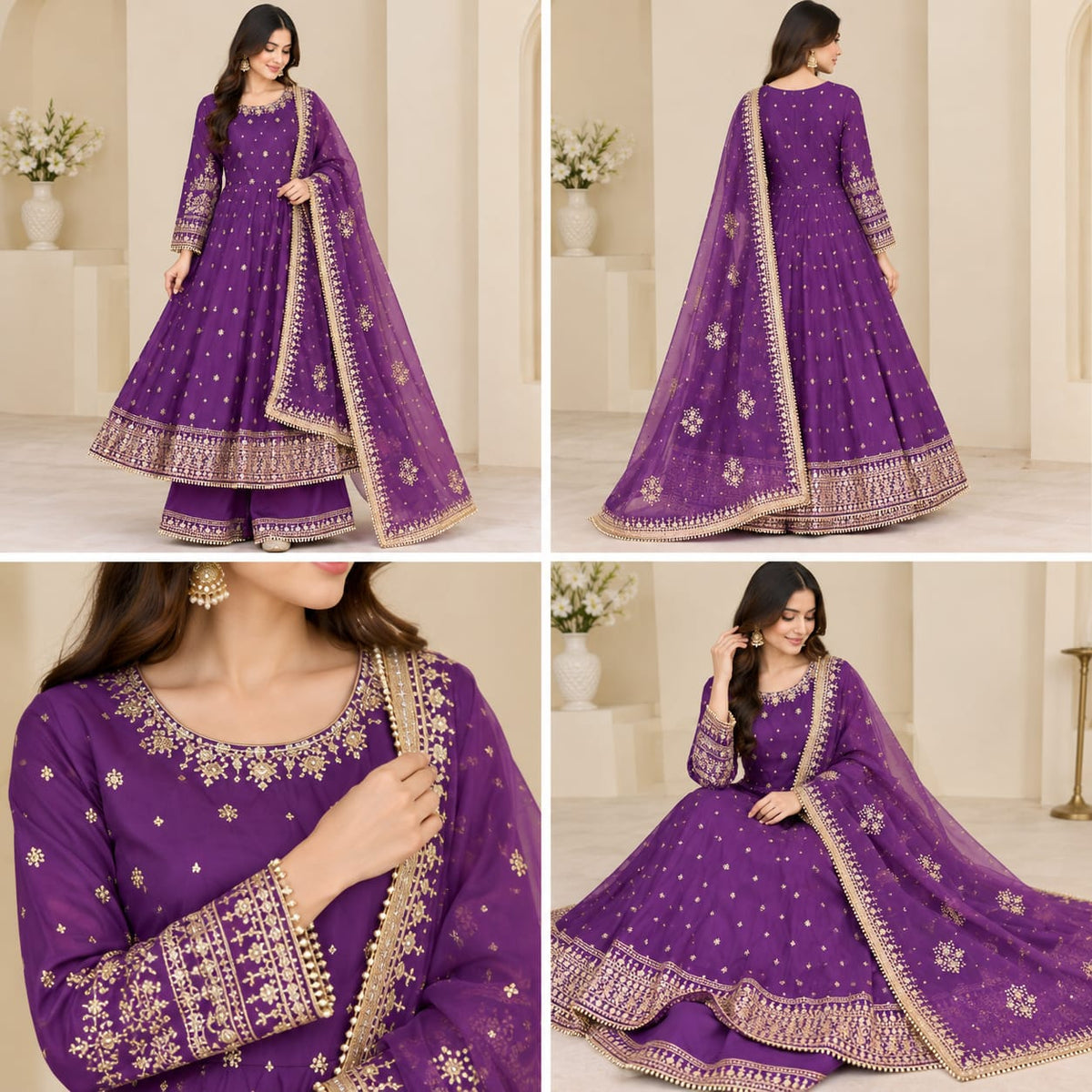 Royal Purple Gold Embroidered Anarkali Suit with Net Dupatta